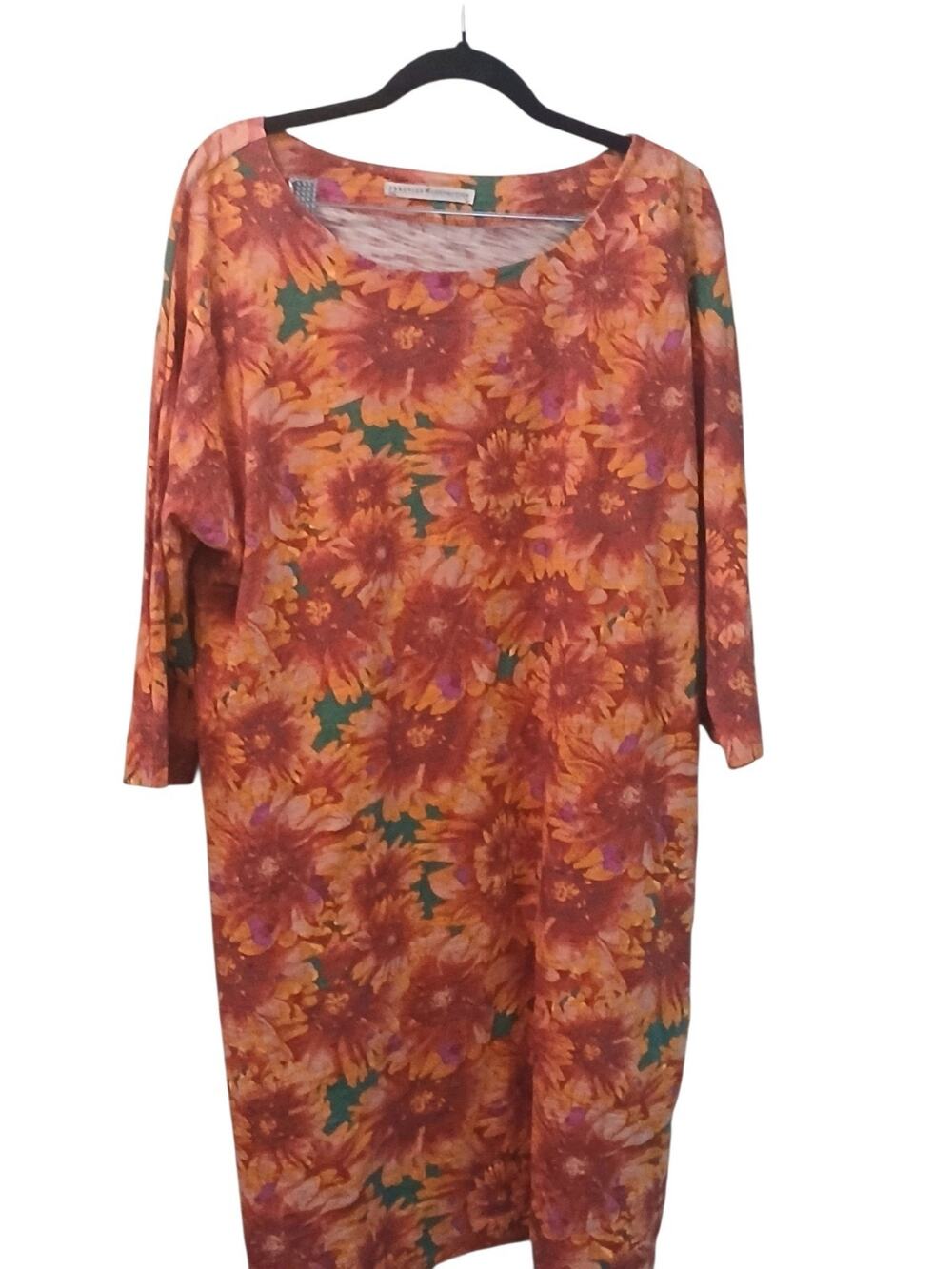 Peruvian Connection Orange Yellow Purple Floral 3/4 inch Sleeve Pockets Dress M